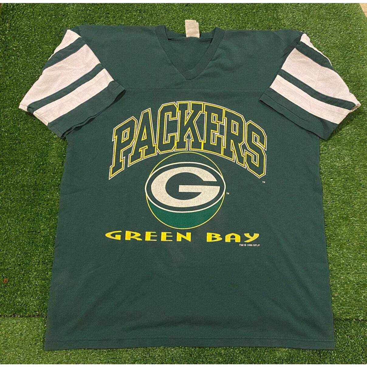 Vintage Logo 7 Green Bay Packers arch logo spell out t-shirt XL green retro