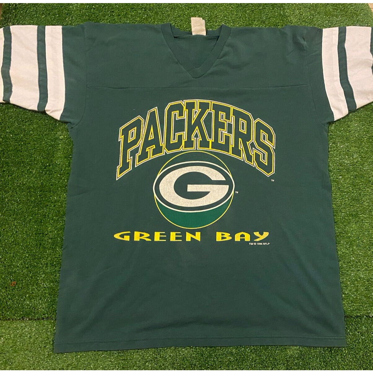 Vintage Logo 7 Green Bay Packers arch logo spell out t-shirt XL green retro