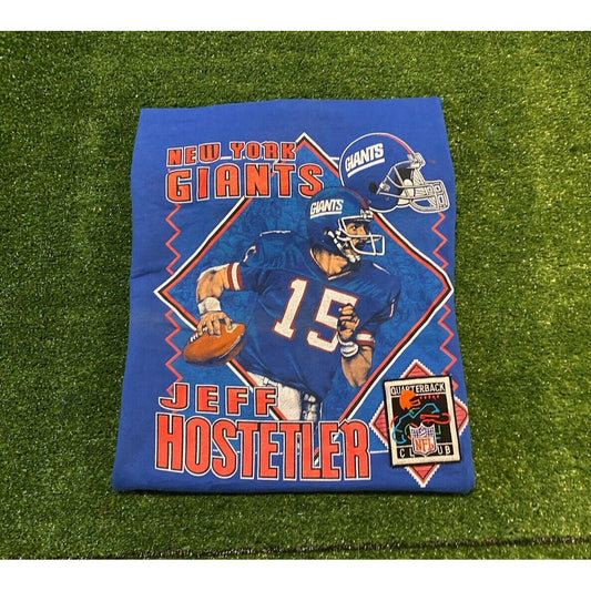 Vintage New York Giants shirt large Jeff Hostetler Nutmeg Mills blue adult 90s