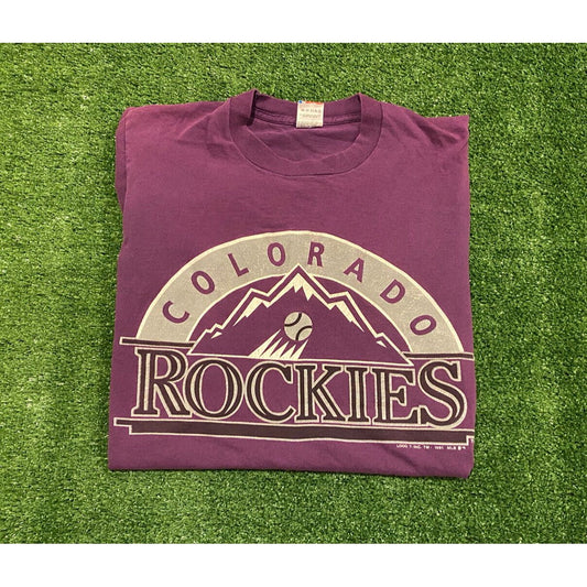 Vintage Logo 7 1991 colorado rockies logo spell out t-shirt small purple
