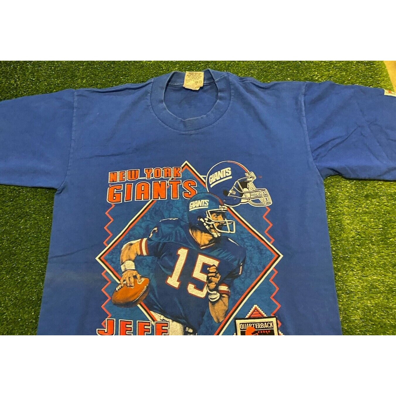 Vintage New York Giants shirt large Jeff Hostetler Nutmeg Mills blue adult 90s