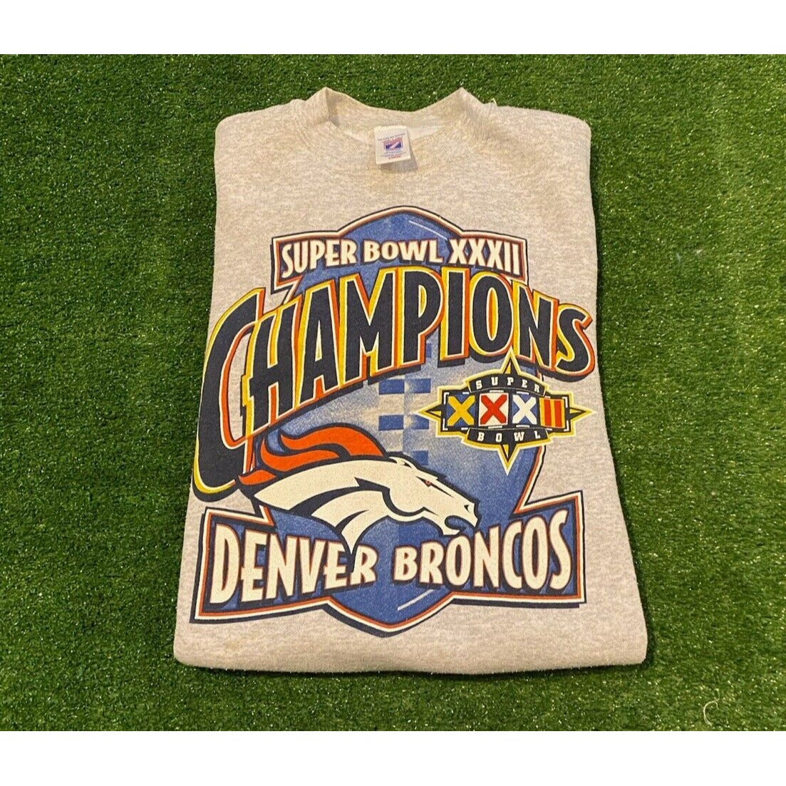 Vintage Denver Broncos sweatshirt mens large crew neck gray Logo 7 Super Bowl F