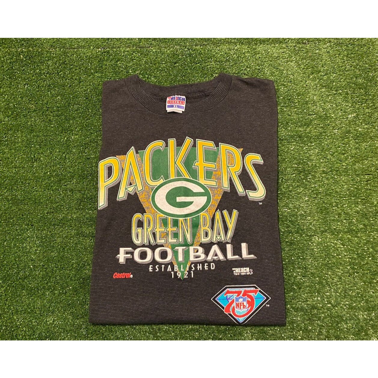 Vintage Trench Green Bay Packers diamond 75 anniversary t-shirt XL 90s castrol