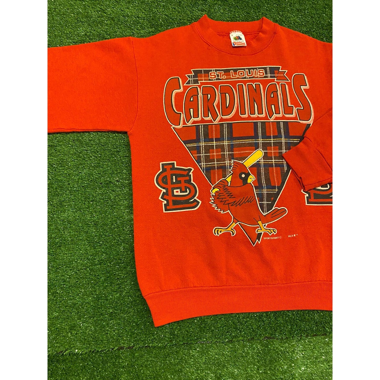 vintage fruit of the loom st. louis cardinals plaid spell out crewneck small red