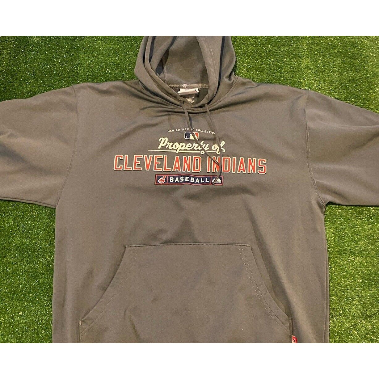 Cleveland Indians hoodie mens large chief wahoo majestic gray sweatshirt therma