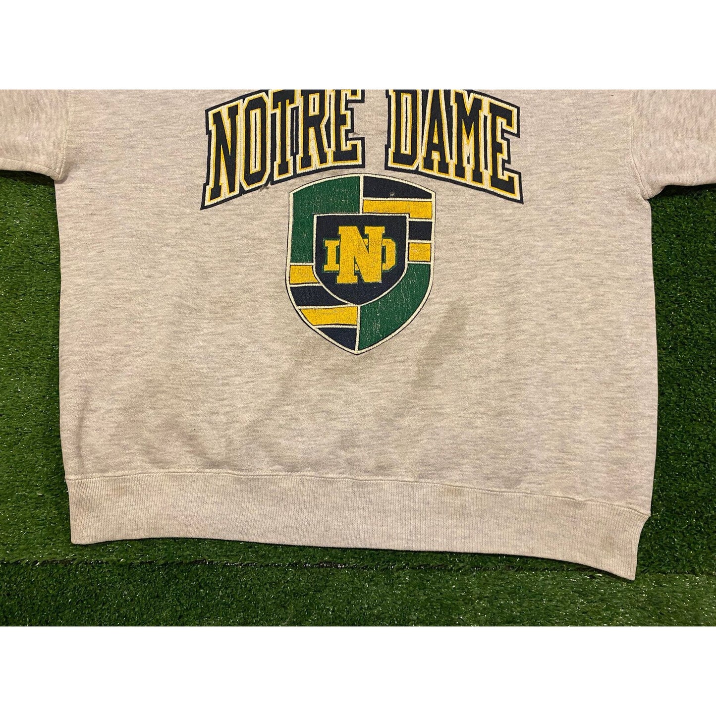 Vintage Notre Dame Fighting Irish shield wave crewneck distressed large gray