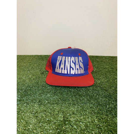 Vintage Kansas jayhawks Hat Cap Snap Back New Adult 90 Blue Red All Over Print