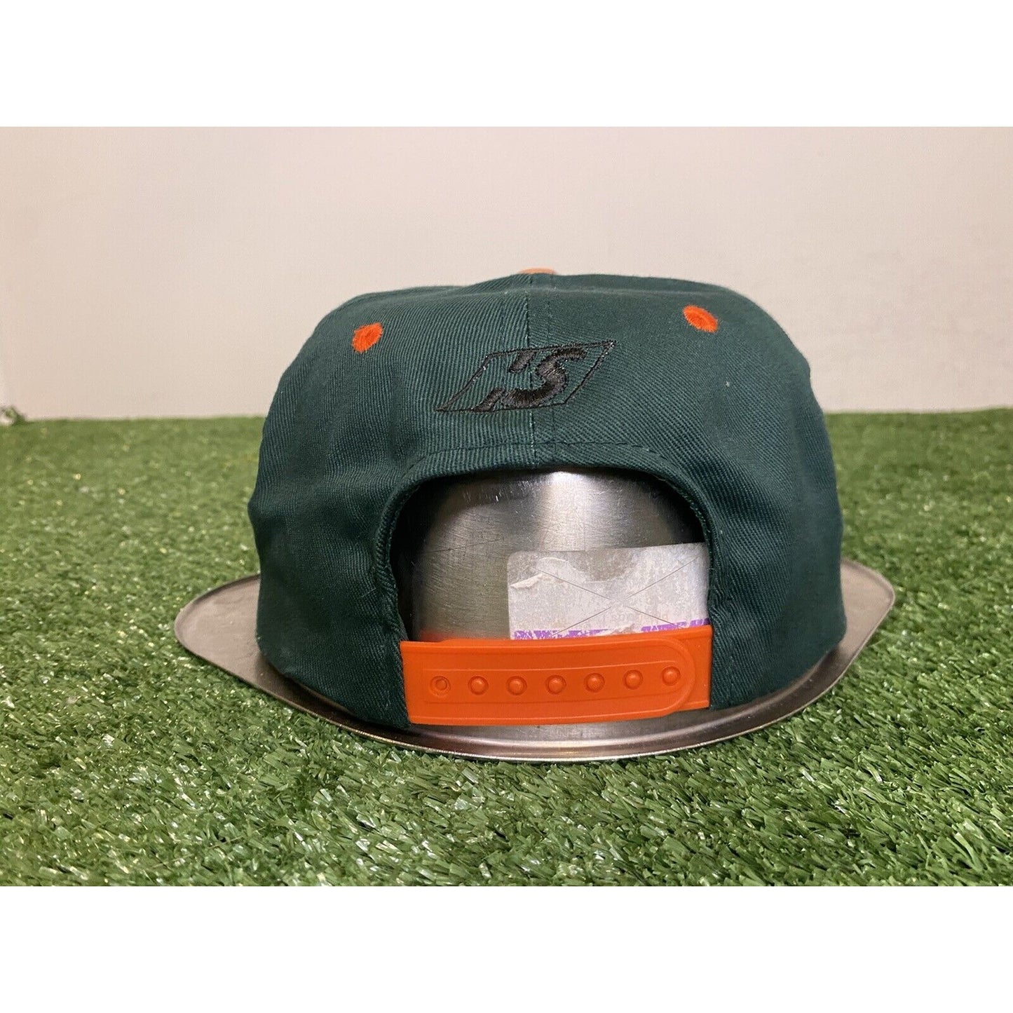 Vintage Miami Hurricanes hat cap snap back tailsweep green orange script mens