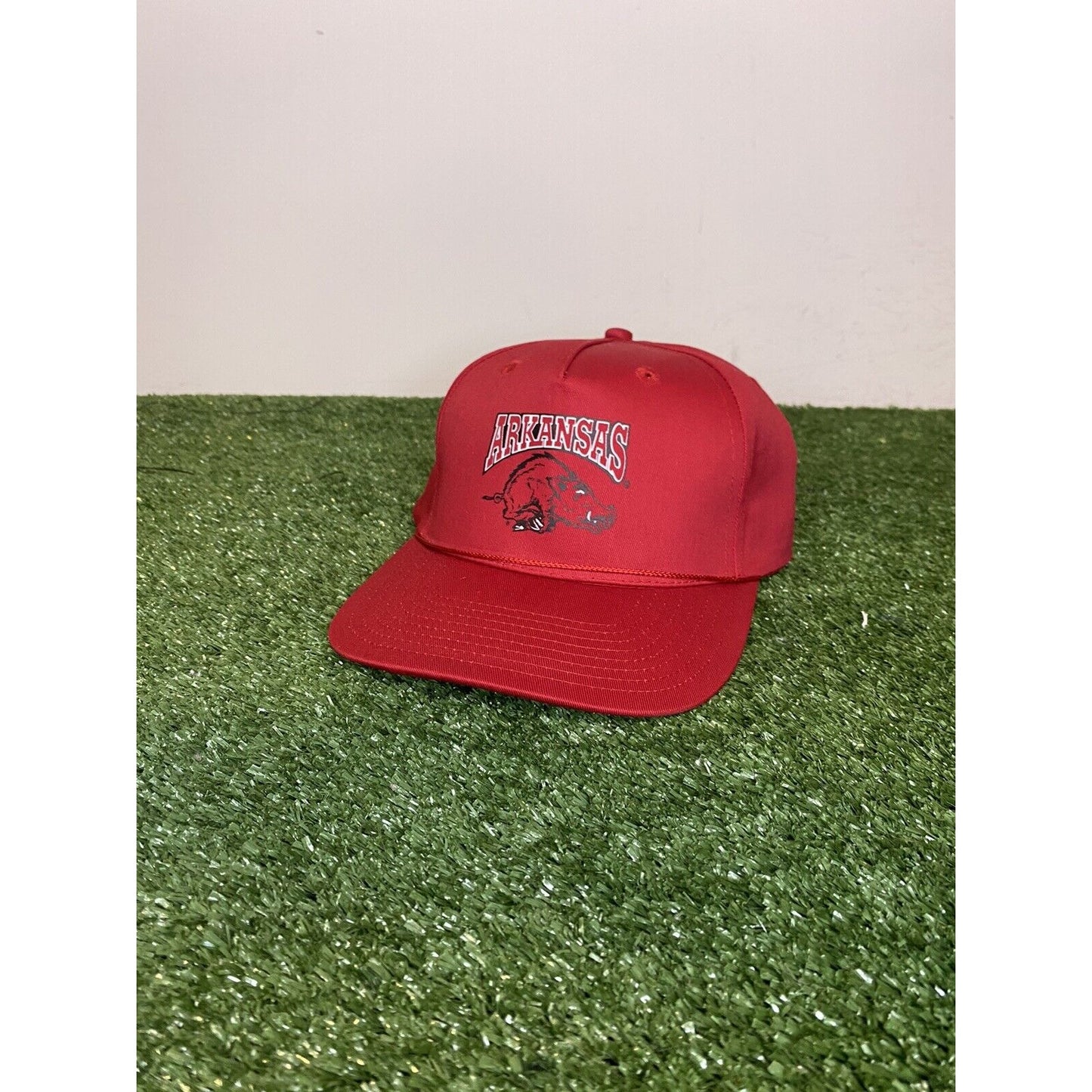 Vintage Arkansas Razorbacks arch spell out logo rope snapback hat red