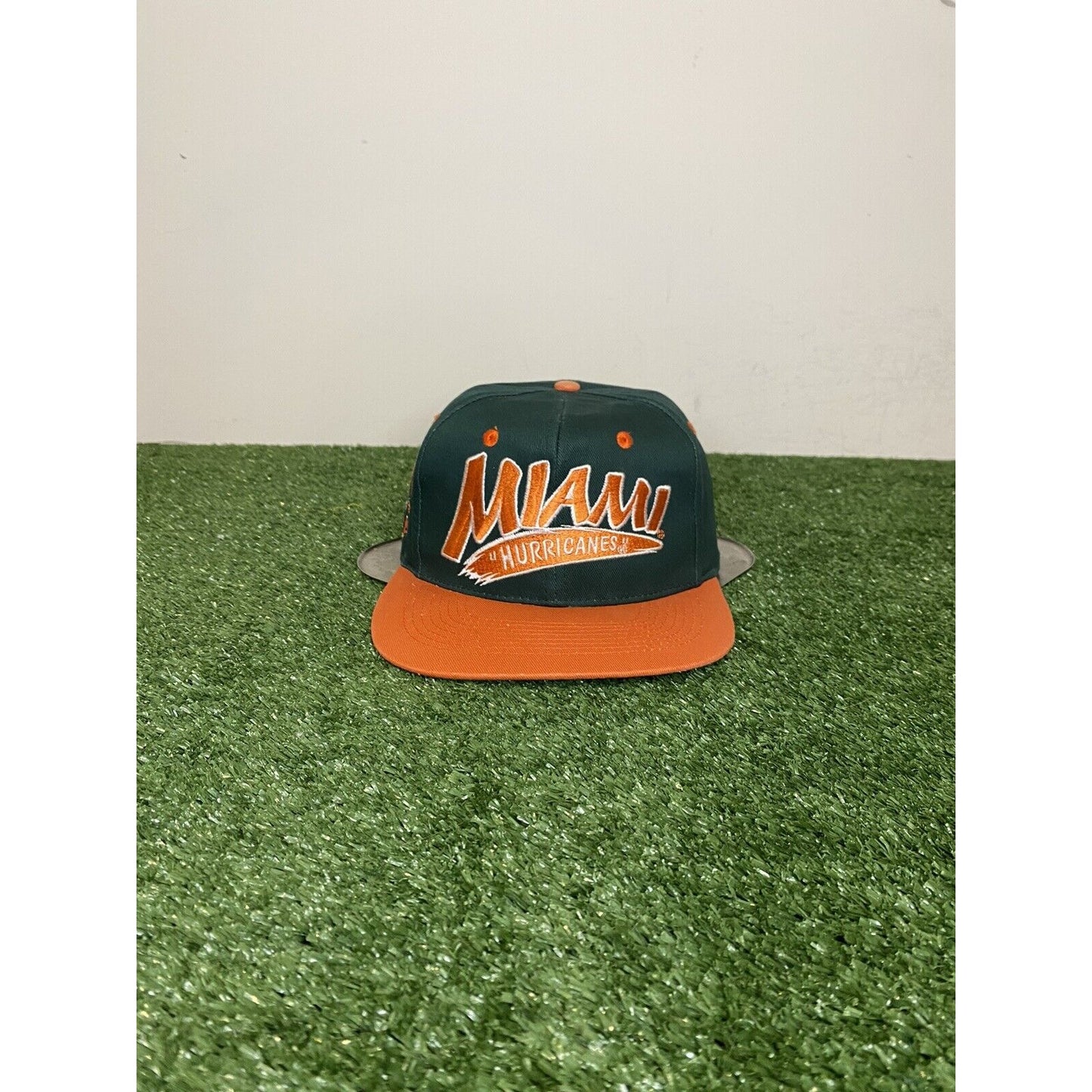 Vintage Miami Hurricanes hat cap snap back tailsweep green orange script mens