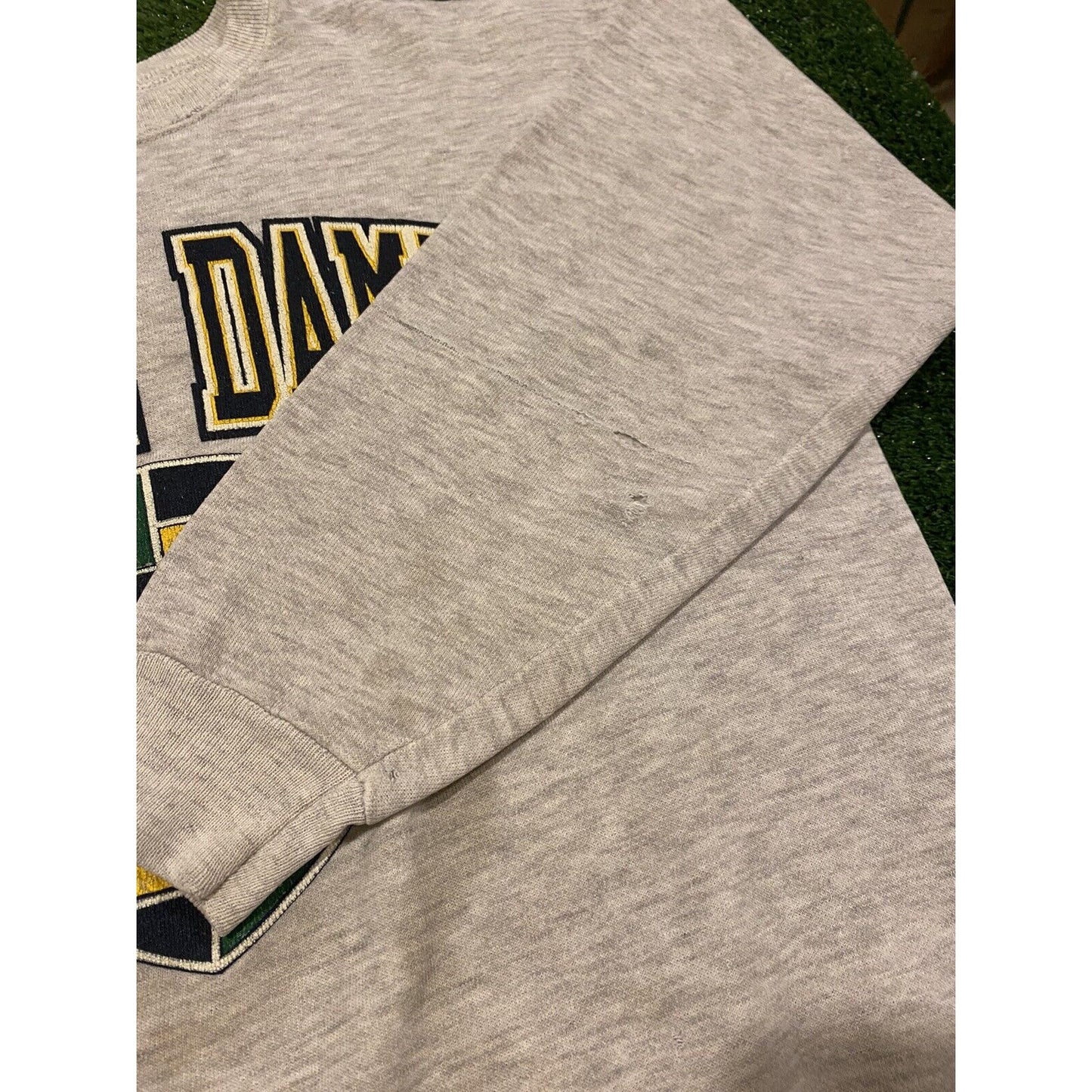 Vintage Notre Dame Fighting Irish shield wave crewneck distressed large gray