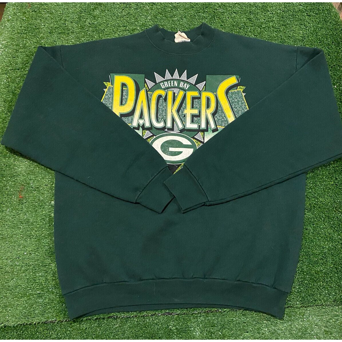 Vintage 1995 Green Bay Packers logo diamond spell out crewneck large green