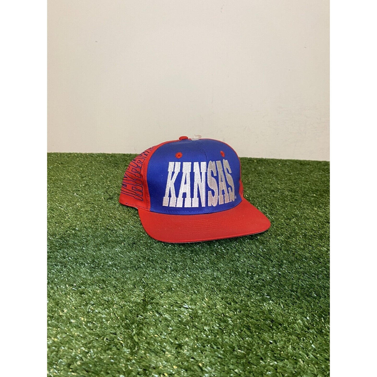 Vintage Kansas jayhawks Hat Cap Snap Back New Adult 90 Blue Red All Over Print