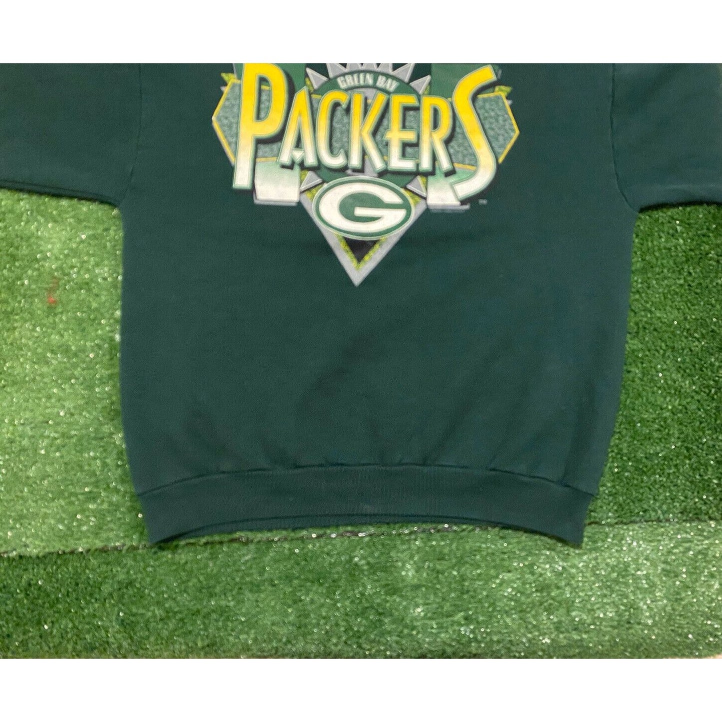 Vintage 1995 Green Bay Packers logo diamond spell out crewneck large green