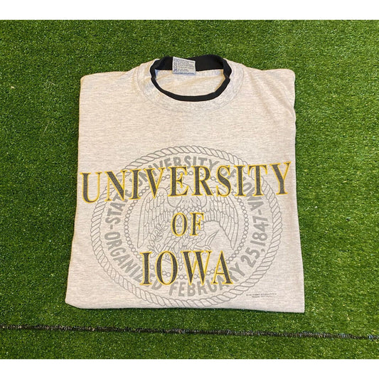 Vintage Volunteer Knit Iowa Hawkeyes college seal spell out t-shirt large gray