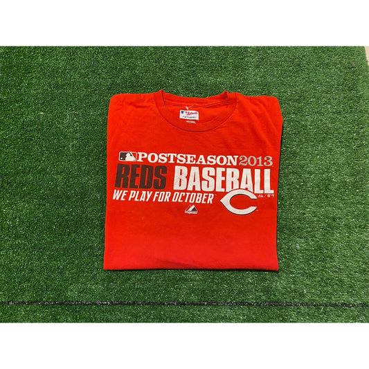 Retro Majestic Cincinnati Reds 2013 Playoff Baseball Play for October t-shirt XL